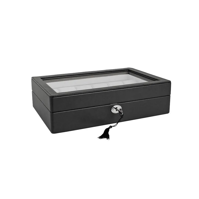 coffre montres gaine croute de cuir noir enduit lisse avec fenetre