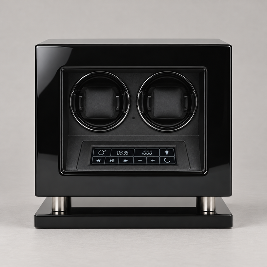 Remontoir automatique noir pour 2 montres, vue de face montrant les deux supports et le panneau de commande.