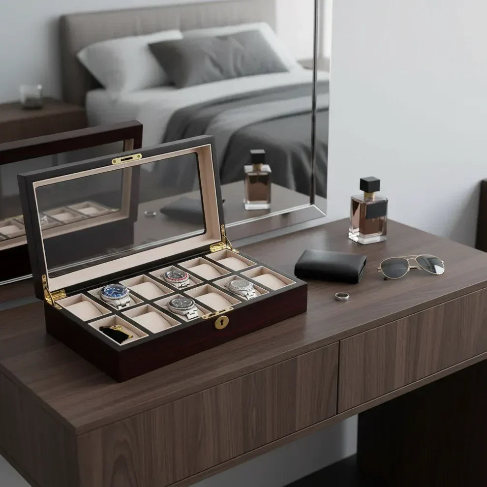 Boîte à montre en bois 12 montres avec vitrine, exemple de coffret grande capacité pour ranger et exposer une collection de montres automatiques