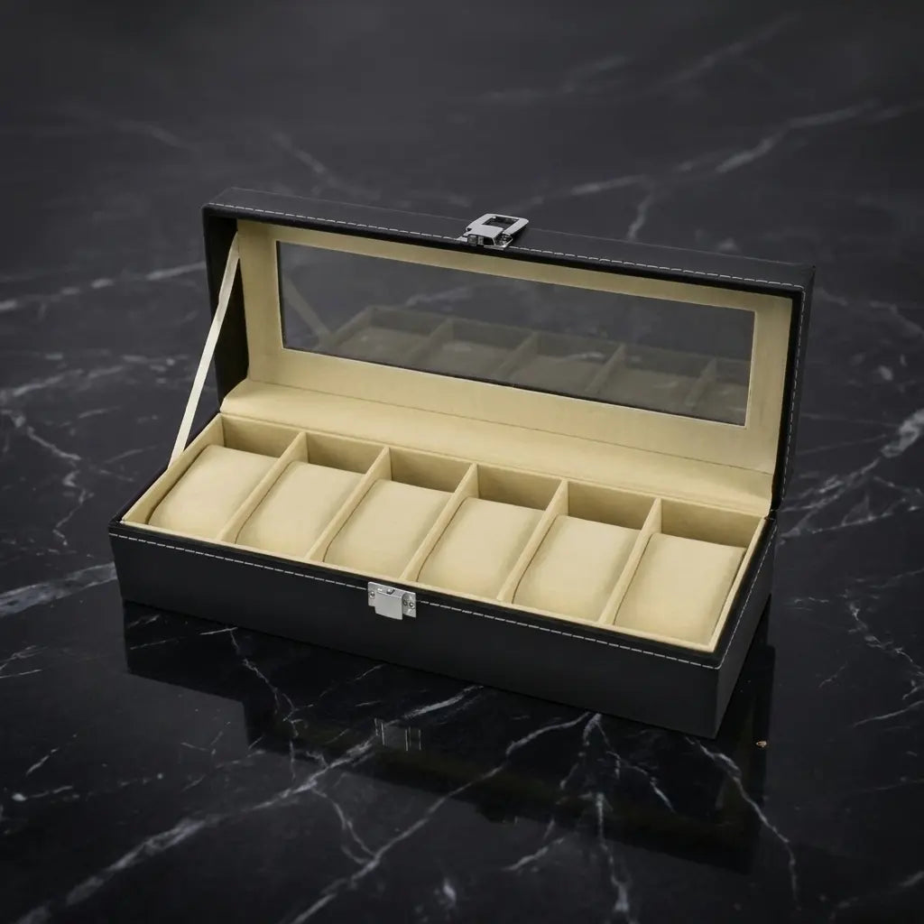 Boîte à montre en cuir noir avec 6 emplacements pour ranger et protéger une collection de montres automatiques