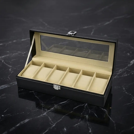 Boîte à montre en cuir noir avec 6 emplacements pour ranger et protéger une collection de montres automatiques