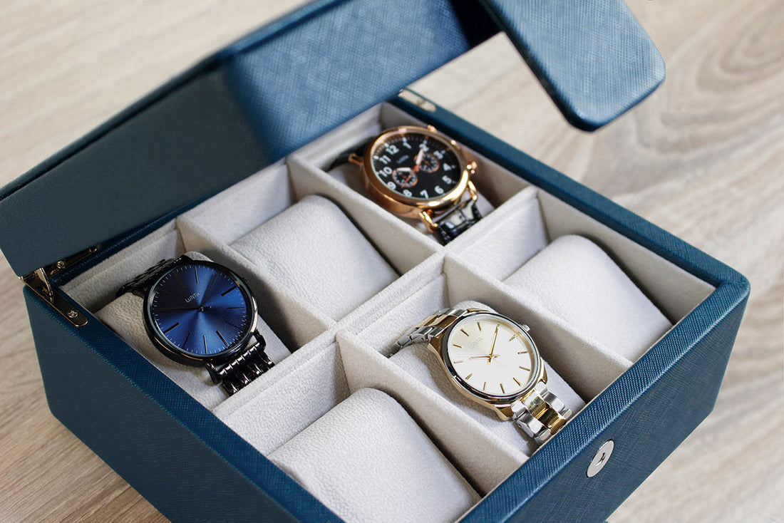 Boîte à montre en cuir bleu canard pour ranger et protéger une collection de montres automatiques – idée cadeau pour collectionneur de montres