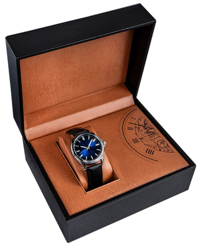 Boîte à montre en eco-cuir noir avec intérieur brun – vue produit