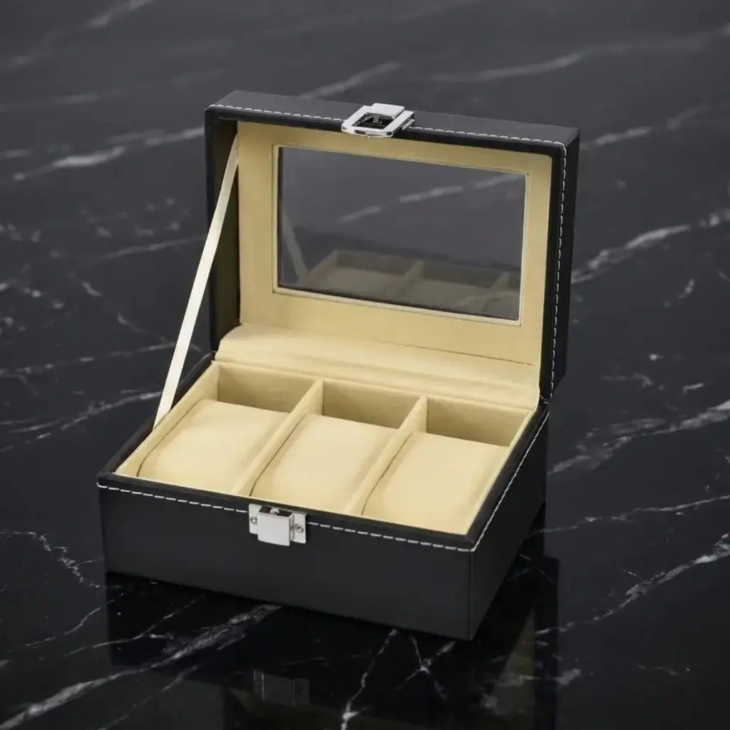 Boîte à montre 3 emplacements en cuir PU noir avec intérieur beige et miroir