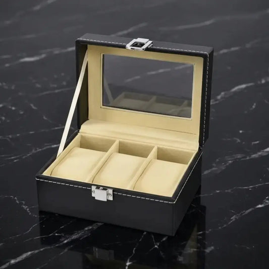 Boîte à montre 3 emplacements en cuir PU noir avec intérieur beige et miroir