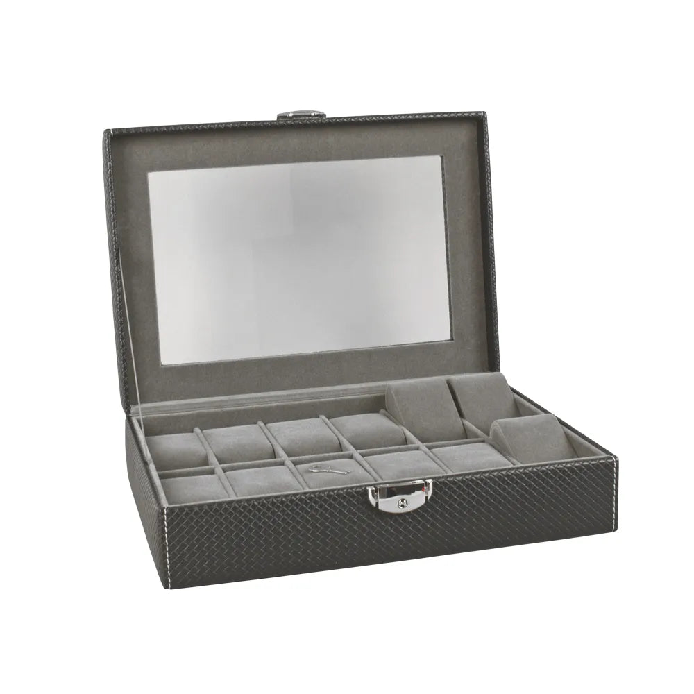 coffre montres avec fenetre gaine aspect tissage en relief noir
