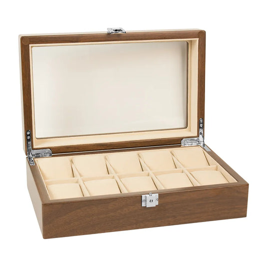 Boîte à montres en bois pour 10 montres avec couvercle en verre