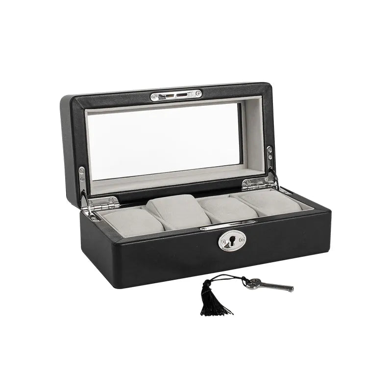 coffre montres gaine croute de cuir noir enduit lisse avec fenetre 