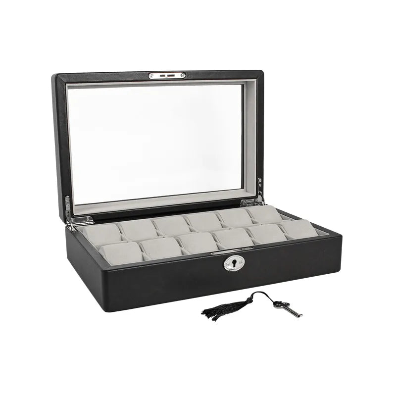 coffre montres gaine croute de cuir noir enduit lisse avec fenetre
