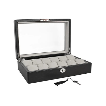 coffre montres gaine croute de cuir noir enduit lisse avec fenetre