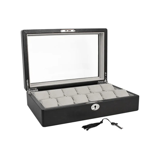 coffre montres gaine croute de cuir noir enduit lisse avec fenetre