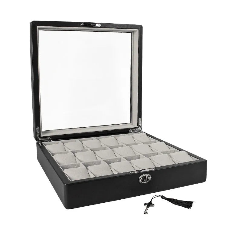 coffre montres gaine croute de cuir noir enduit lisse avec fenetre