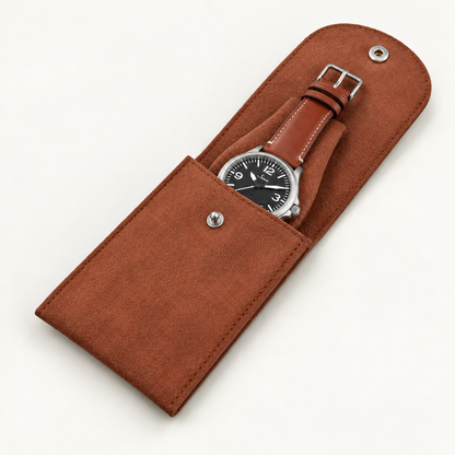 Pochette 1 montre marron en PU effet suédine, ouverte avec bouton-pression et montre