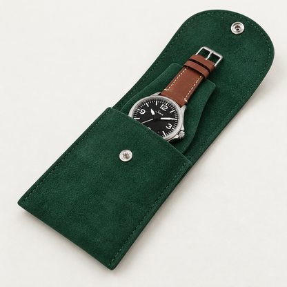 Pochette 1 montre verte en PU effet suédine, ouverte avec montre partiellement insérée
