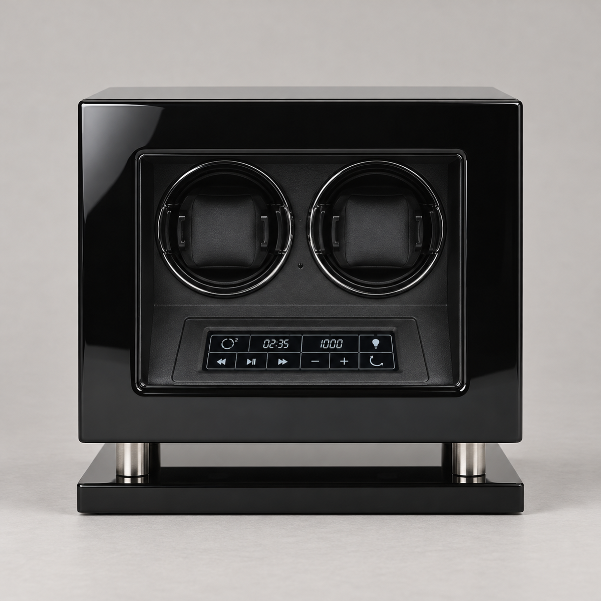 Remontoir automatique noir pour 2 montres, vue de face montrant les deux supports et le panneau de commande.