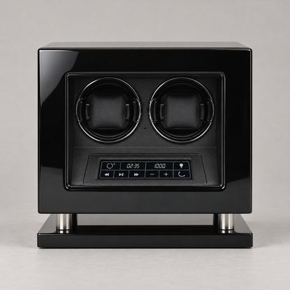 Remontoir automatique noir pour 2 montres, vue de face montrant les deux supports et le panneau de commande.