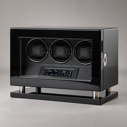 Remontoir automatique noir pour 3 montres vu de trois quarts droit, avec lecteur d’empreinte digitale latéral.