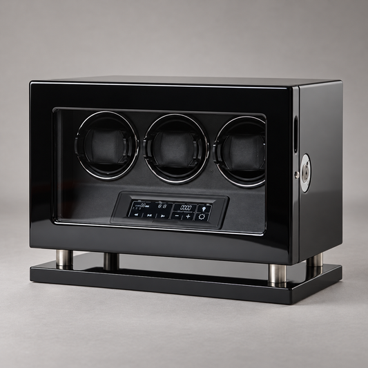 Remontoir automatique noir pour 3 montres vu de trois quarts droit, avec lecteur d’empreinte digitale latéral.