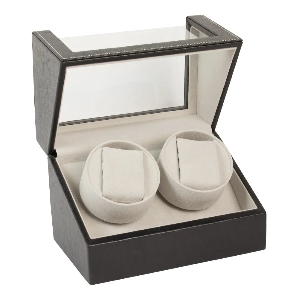 Remontoir pour 2 montres automatiques noir avec coutures blanches
